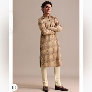 Brown Satin Printed Kurta Set For Men